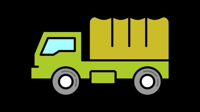 Seamless looping green military personnel carrier truck animation in motion. Army transport vehicle motion graphic on a transparent alpha channel for defense and tactical visuals