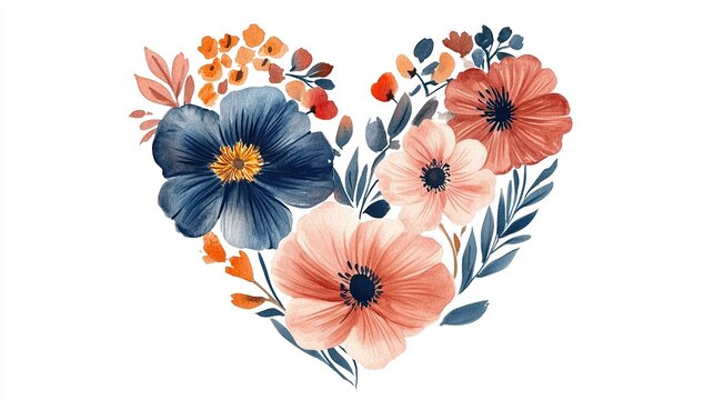 heart-shaped arrangement of watercolor flowers in navy blue, coral pink, and peach colors on a white background, cute design