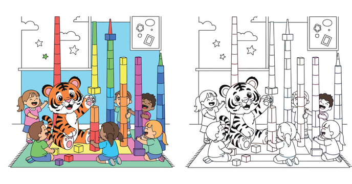 Cute cartoon children and a tiger building tall block towers together, happy kids playing educational games