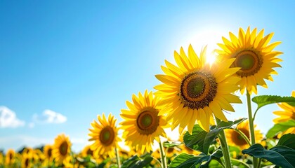 Fototapeta premium Endless Sunflower Field Under Clear Blue Sky View