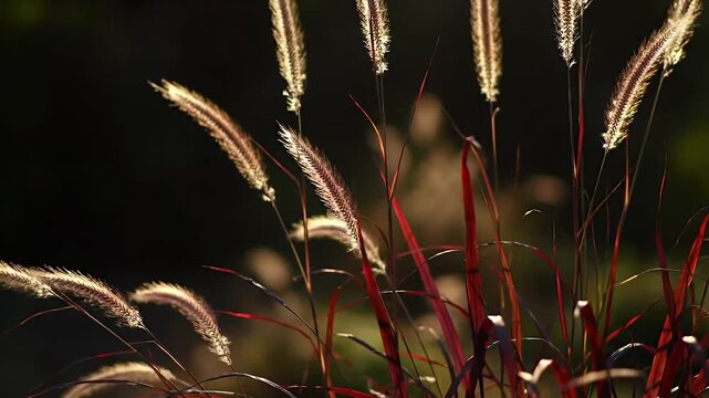 Backlit delicate foxtail grasses with golden seed plumes against dark background