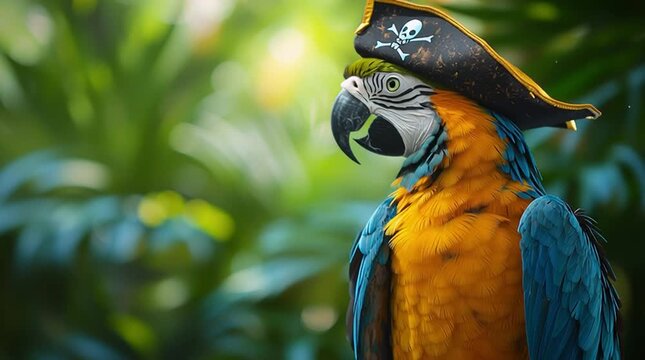 Colorful parrot wearing pirate hat in tropical environment, slight head movement, exotic animal and fun concept.