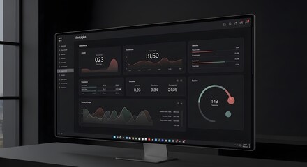 Fototapeta premium Curved Monitor Displaying Dark Data Dashboard in Modern Office