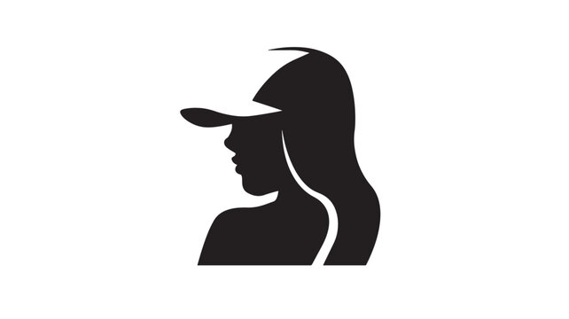 Silhouette of a woman wearing a baseball cap with long flowing hair, depicted in a minimalist black and white graphic style.