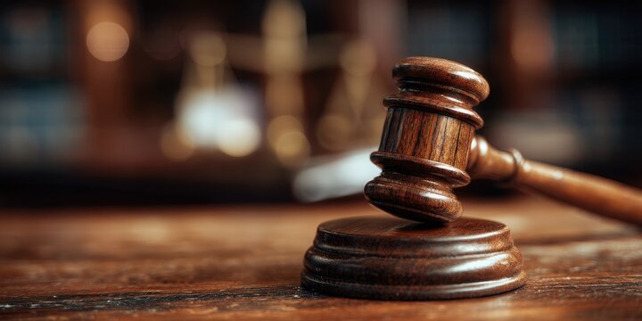 A wooden gavel rests on a polished surface, symbolizing justice and authority