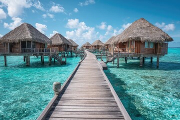 Fototapeta premium Tropical paradise with overwater bungalows and a wooden walkway