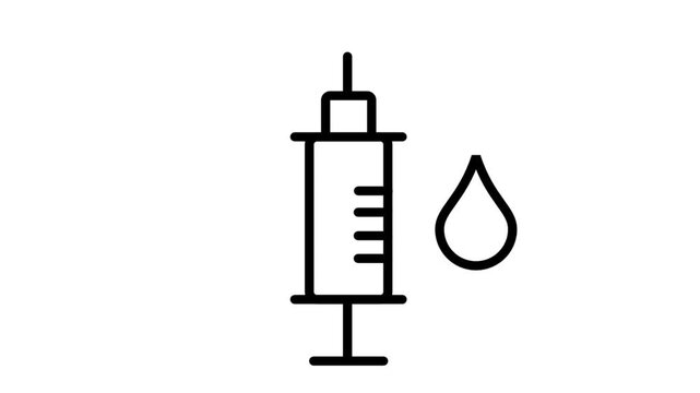 Vaccination and Fluid Drop Line Motion Icon. Professional animation of a syringe and droplet representing liquid medication, immunization, and medical healthcare therapy.