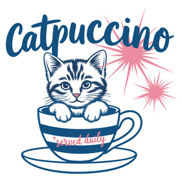 A stylized illustration of a cat in a coffee cup design. The text "catpuccino" is written in large blue brush lettering at the top of the image