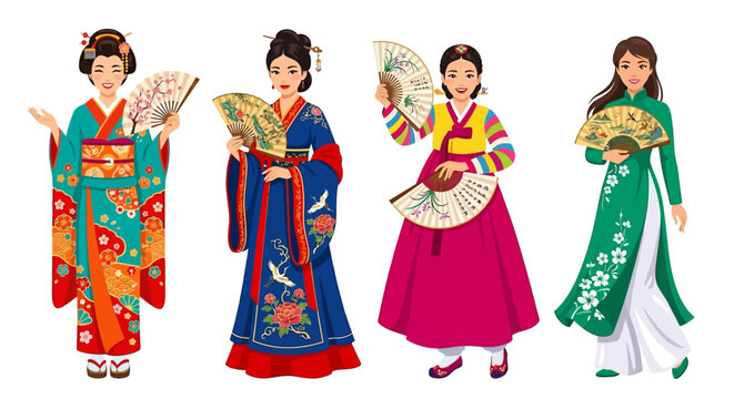 Four women in traditional korean hanbok clothing with ornate fans