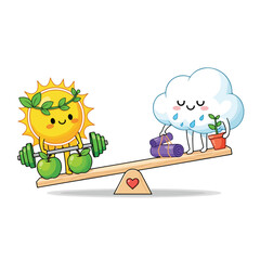 Fototapeta premium Sunny sun and rain cloud on seesaw with fruits and plant