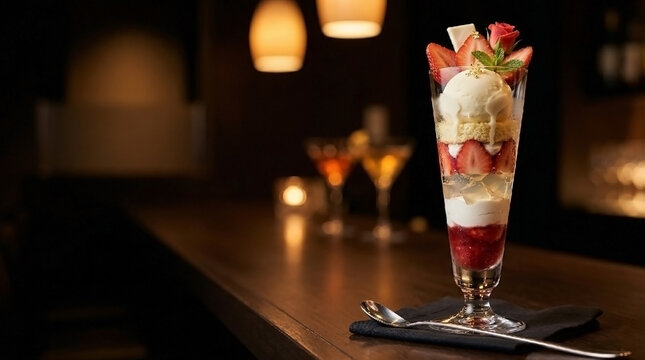 Elegant Strawberry Shime Parfait in a Luxury Night Lounge, Late-Night Dessert with Copy Space