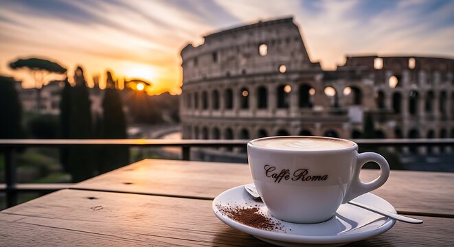 Coffee Cup with Colosseum View at Sunset in Rome.