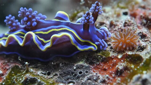 Purple Nudibranch with Yellow Stripes on Coral Reef