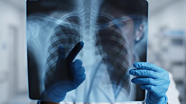 Medical professional in blue gloves pointing at a chest X-ray in a hospital setting doctor healthcare