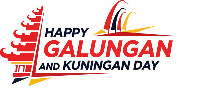Happy Galungan and Kuningan Day typography banner, Balinese Hindu festival celebration with temple silhouette and penjor vector