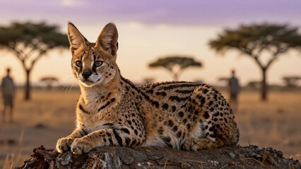 Fototapeta premium A serval cat rests on a weathered log in its natural savanna habitat, with soft focus background of acacia trees and warm sunset light.