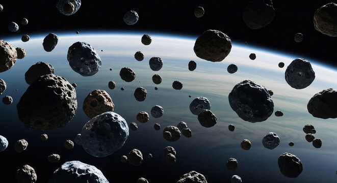 A view of the astroid belt showing numerous rocky space debris and dark meteoroids orbiting above the thin blue atmosphere of a distant earth-like planet