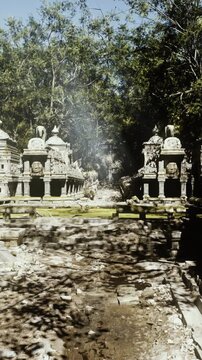 Sundappled mossy temple pool with emerald water, algae films, still reflections of carved pavilions, conservationist viewpoint for ecology documentation, mood
