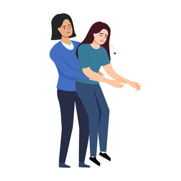 Heimlich technique is demonstrated by woman saving friend who was choking and pressing on stomach to restore breathing. Girl provides first aid and uses heimlich technique to avoid harm to health.