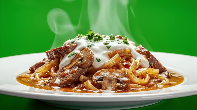 Detailed Cinematic Close Up Of Hot Beef Stroganoff Served In A White Plate With Steam Rising Against A Vibrant Green Background Isolated For Commercial Food Advertising