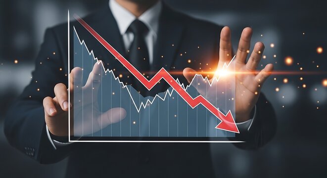 A businessman analyzing a declining stock market graph with a red arrow pointing downwards