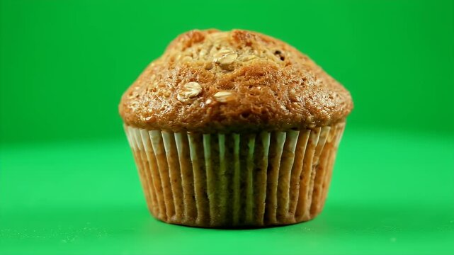 Freshly Baked Golden Brown Oat Flour Muffin in a White Paper Liner on a Vibrant Green Screen Background Perfect for Food Commercials and Recipes