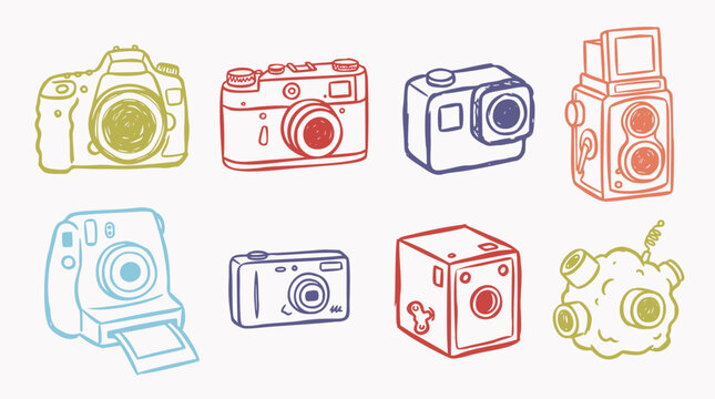A collection of hand-drawn vector camera illustrations in a doodle sketch style, depicting various vintage and modern photographic devices