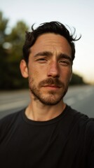 Fototapeta premium Young Man with Beard, Casually Dressed, Outdoors at Sunset