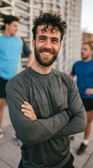 Fototapeta premium Young Man in Casual Sports Attire, Standing with Hands on Hips