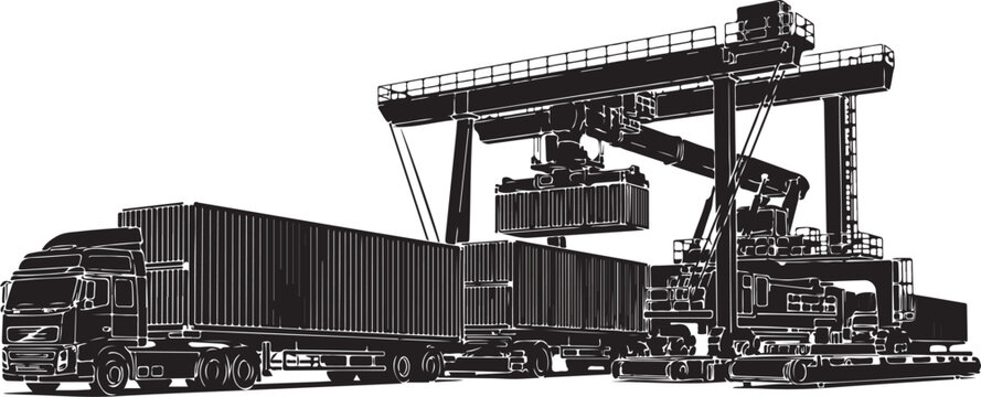 Industrial train, cargo railcar, freight transportation, black and white vector illustration
