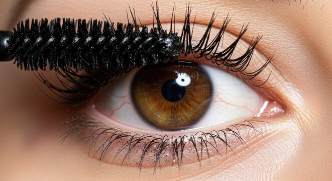Dramatic mascara application beauty advertisement showcasing voluminous lashes eye makeup product for enhanced appeal