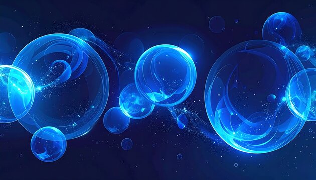 Floating blue orbs with internal swirls on a dark background, evoking a sense of underwater depth and mystery