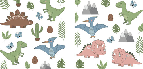 Cartoon Dinosaur Collection Featuring Various Species, Poses, and Nature Elements for Fun Prehistoric and Animal-Themed Designs © Yevhenii creative