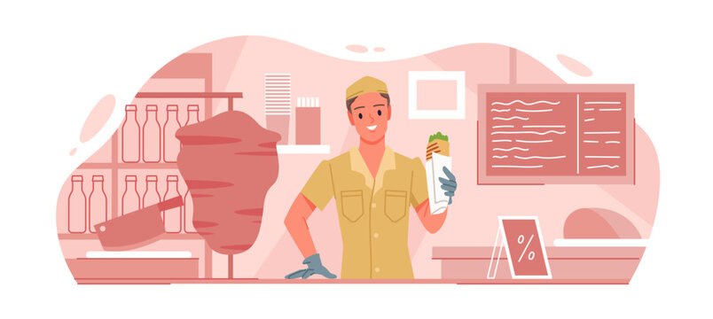 Smiling fast food seller presenting shawarma at isolated counter in restaurant vector illustration