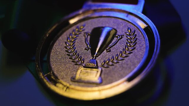 High-detail shot of first place medal representing success, competition, and excellence.
