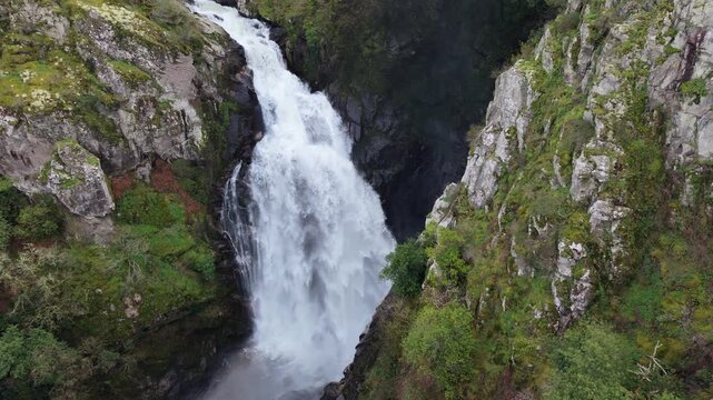 Idyllic Scenery Of Toxa Waterfall In Quint&aacute;s, Silleda, Spain - Drone Shot