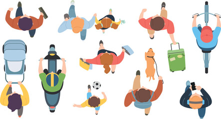 People top view. Man and woman walking with dog, kid and stroller aerial view. Riding bike and scooter from above. Male and female cartoon characters for city life overhead scene. Vector set © Ukio.stock