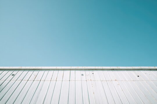 White corrugated roofline meets a vast, clear, pale blue sky
