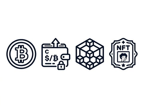 Digital currency icons: Bitcoin, crypto wallet, blockchain, and NFT concept