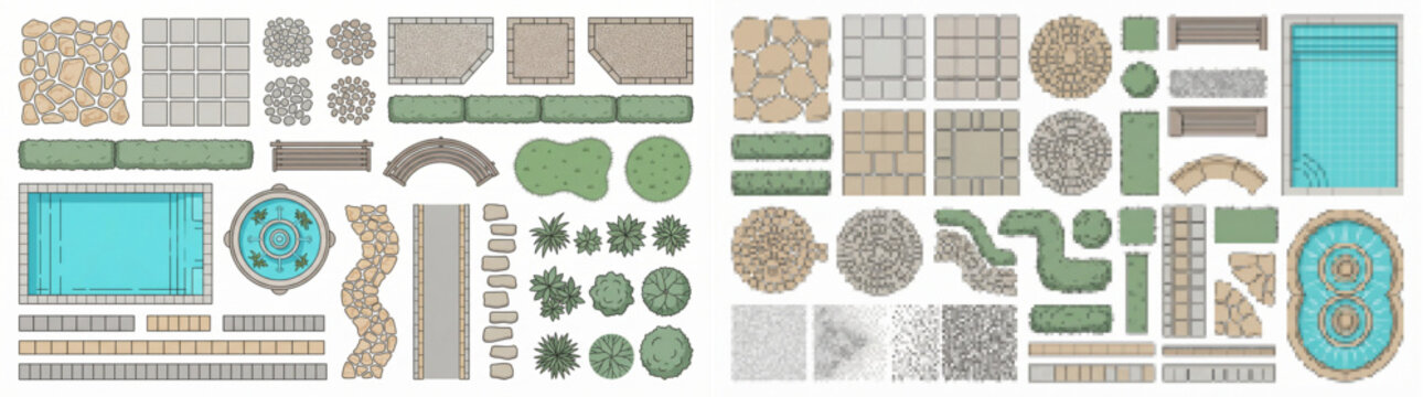 Top View Landscape Architecture Design Elements Set with Pools Fountains Paving Benches and Garden Site Plan Objects