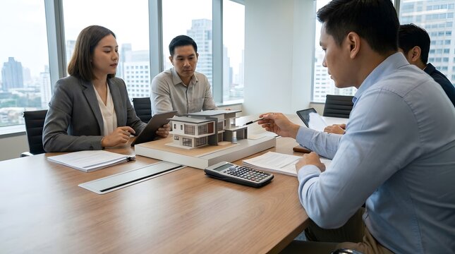 Business professionals in a meeting discussing a building model in an office with city views