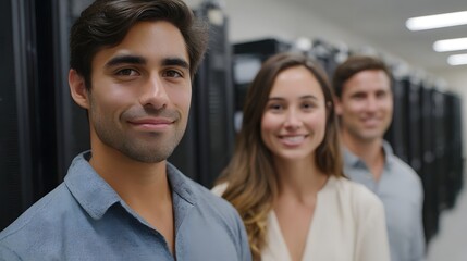 Obraz premium Smiling group of professionals standing in a modern facility characterized by rows of technological equipment