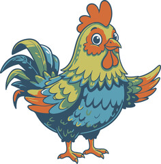 Colorful cartoon rooster character illustration, cute farm bird vector isolated on white background © MSTMUSLIMAKHANOM