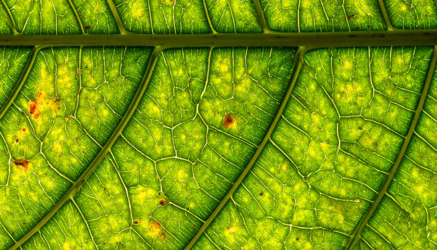 Backlit green leaf close-up showing intricate vein patterns yellow highlights and detailed cellular structure for botanical study and nature exploration