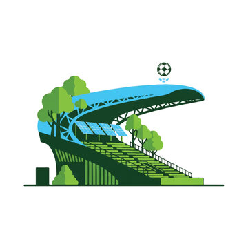 A futuristic and sustainable stadium silhouette viewed from a side perspective. Integration of green trees and solar panel shapes into the bleachers. A small soccer ball icon floats above the