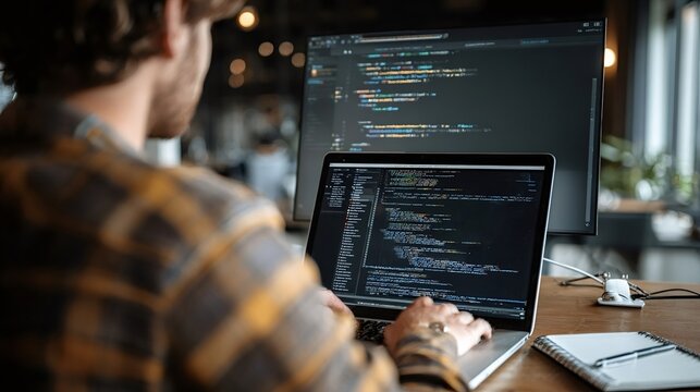 Software developer coding on laptop and external monitor