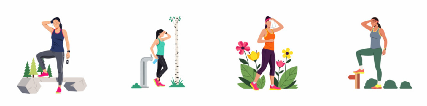 Set of four flat illustrations of exhausted women in athletic wear resting after an outdoor workout or run in nature.