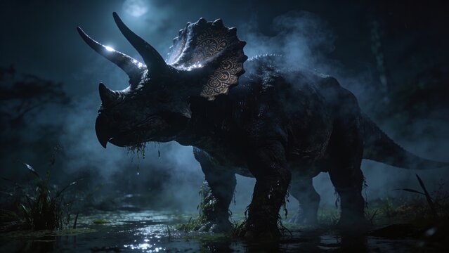 Triceratops in a foggy prehistoric swamp at night, lit by soft moonlight with detailed skin texture and swirling mist in a cinematic scene.