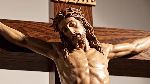 A carved wooden crucifix depicts Jesus with crown of thorns, arms outstretched, symbolizing sacrifice, redemption, and profound spiritual devotion.