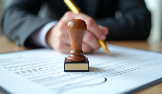 Close up of a wooden stamp on a document, with a person hand holding a pen in the background, in a professional office setting.